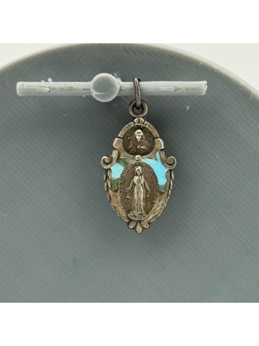 HMH Miraculous Mary Sterling Silver Religious Medal Pendant Blue Enamel Vintage